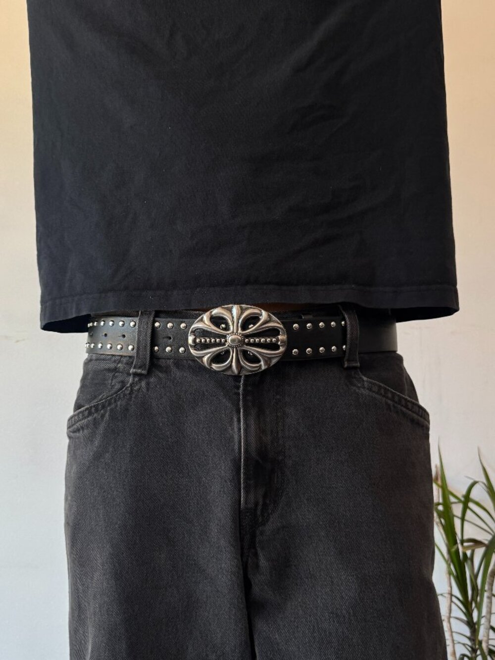 Black Faux Leather Studded Silver Cross Buckle Belt